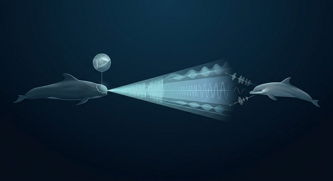 A diagram illustrating the sound production and communication between a pilot whale and a dolphin, showing different wave patterns for echolocation and whistles