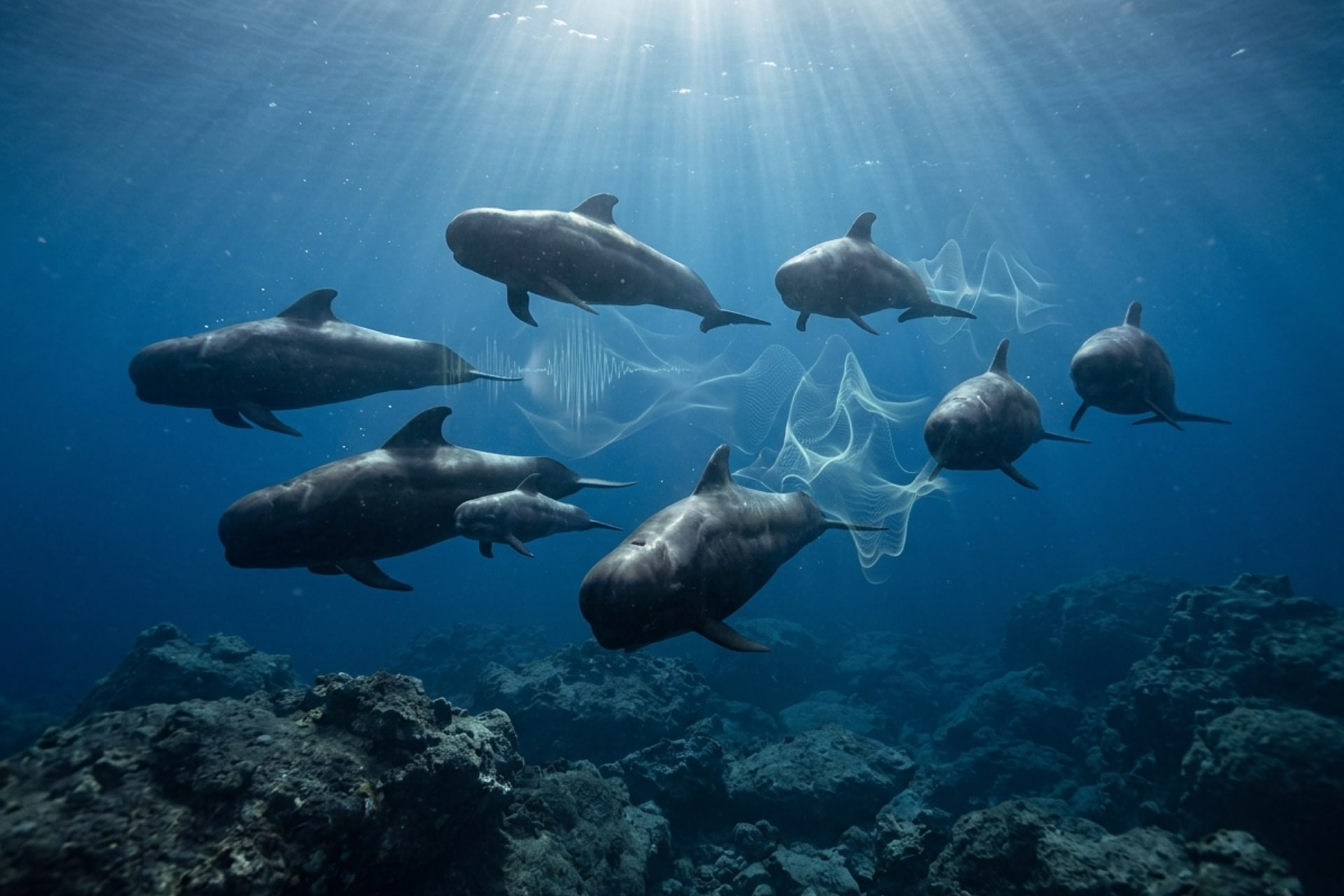 An underwater view of a pod of pilot whales swimming over a reef in Tenerife, with sunlight rays filtering from the surface and glowing wave patterns in the water depicting a hidden acoustic network